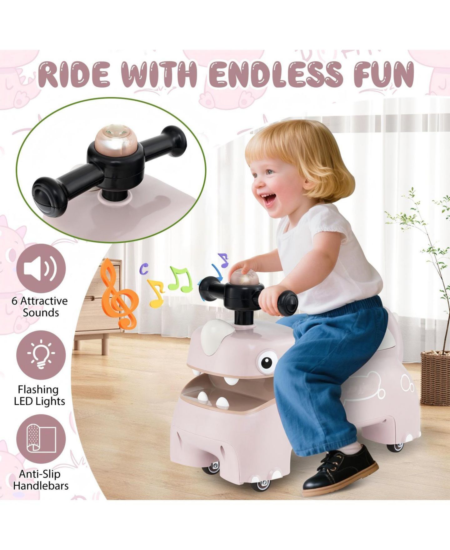 Детская игрушка HONGGE Toddler Ride-On Sliding Car with Lights and Music, Ages 18 Months+, цвет: Розовый — фото 9