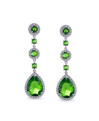 Set of 2 Clear & Green Cubic Zirconia CZ Teardrop Long Dangle Chandelier Prom Statement Earrings Sterling Silver