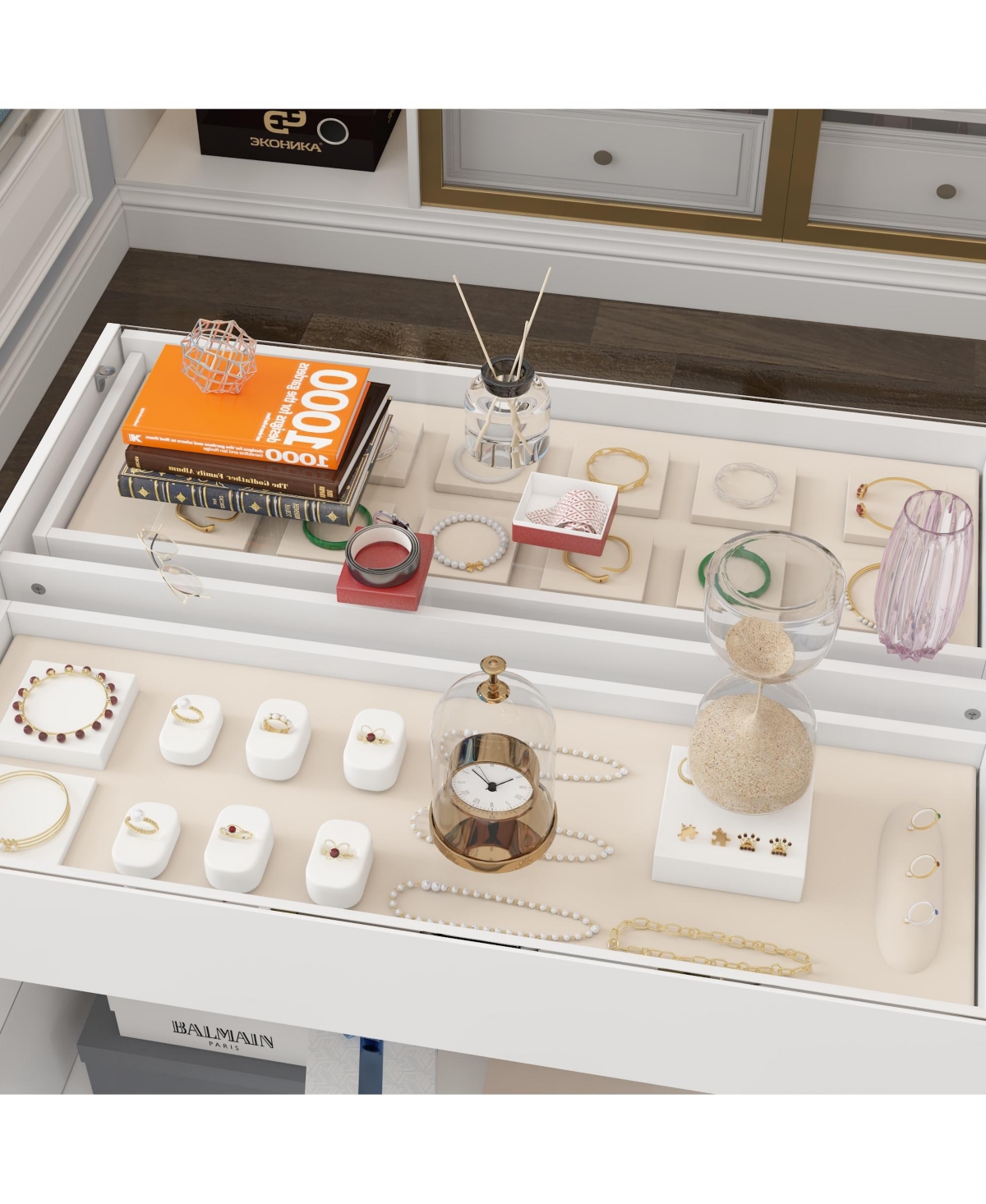 Homsee Glass Top 8-Drawers Dresser ,Display Cabinet,Manicure Nail Table,Bedroom/Kitchen Island,Makeup Table