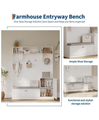 Hall Tree with Bench and Shoe Storage, 3-in-1 Farmhouse Entryway Bench with Coat Rack, 4 Hooks, 4 Shoe Cubbies & 3 Open Compartments