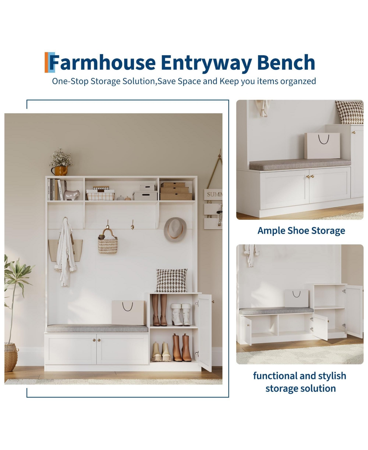 gaomon Hall Tree with Bench and Shoe Storage, 3-in-1 Farmhouse Entryway Bench with Coat Rack