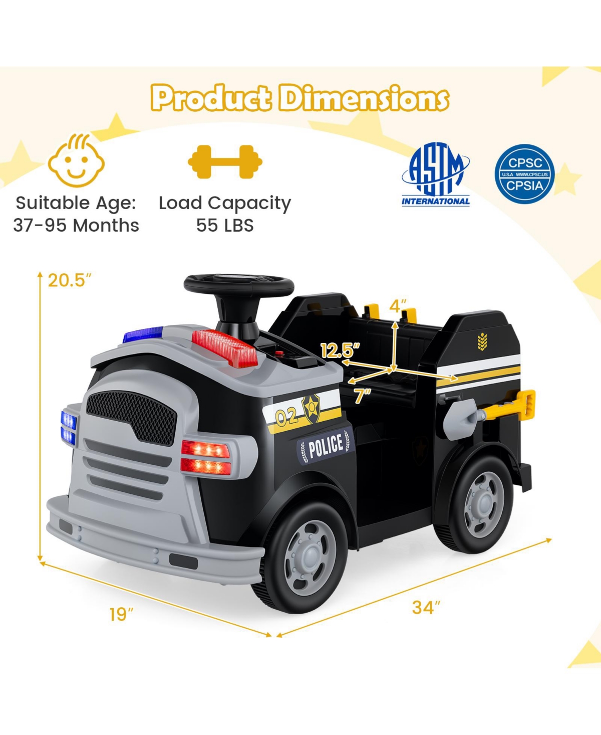Hongge 12V Ride-On Fire Truck Toy Car with Shovel, Wrench, and Siren Sounds - Black