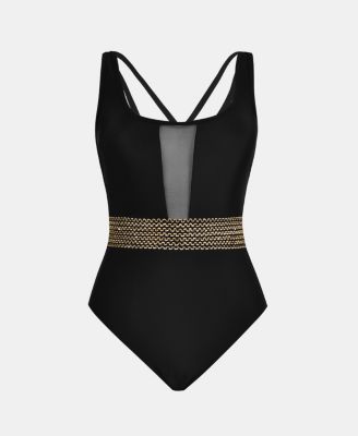 Women's Mesh Tummy Control Back Crisscross One Piece Swimsuit