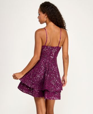 Juniors' Sequined Lace Spaghetti Strap Square-Neck Dress