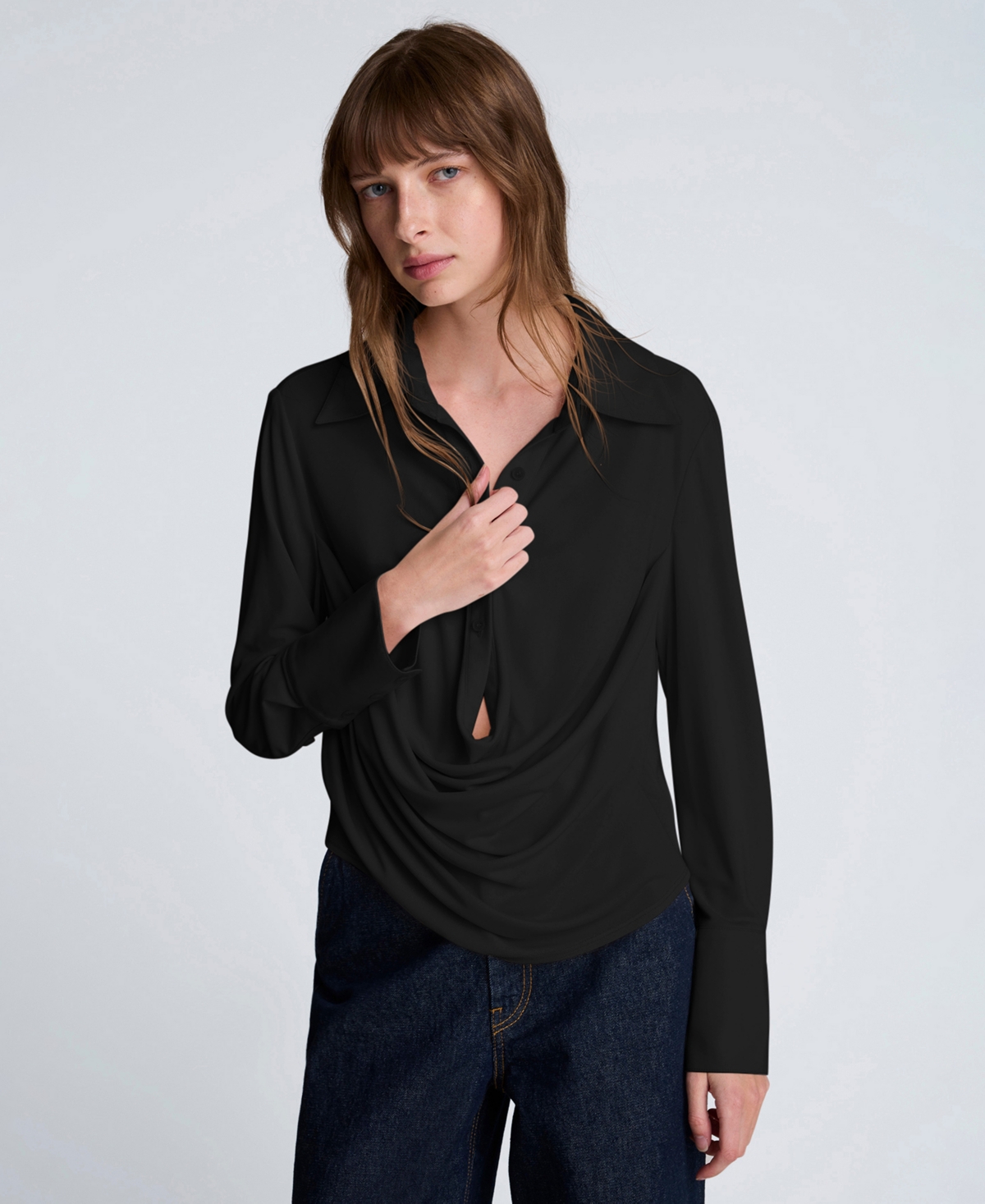 Kenneth Cole Drape Front Pullover Shirt In Black