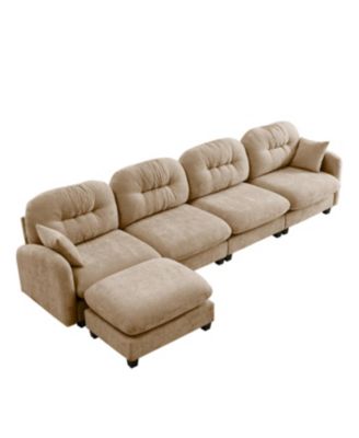 Modular L-Shaped Chenille Couch with Ottoman, Camel