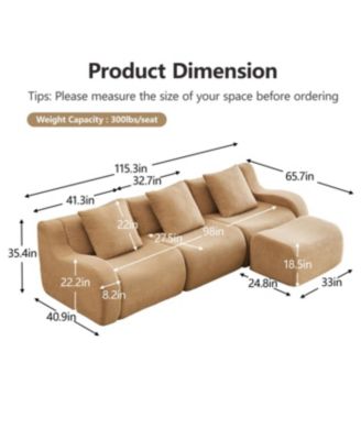  Boneless Sofa, 3 Seat Teddy Fabric, Anti-Slip, No Assembly