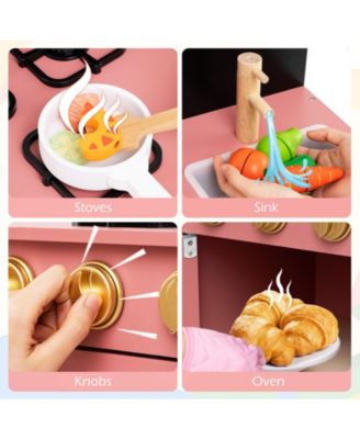 Wooden Play Kitchen for Kids with Door Curtain and Cooking Accessories - Pink