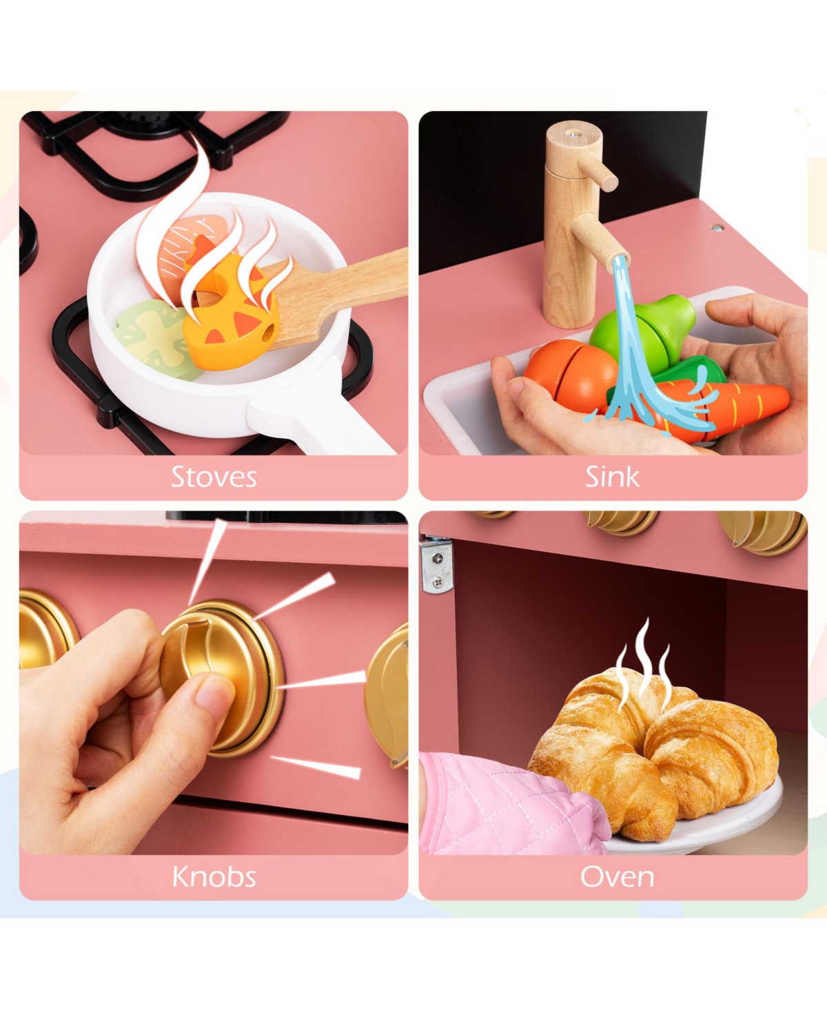 Hongge Wooden Play Kitchen for Kids with Door Curtain and Cooking Accessories - Pink