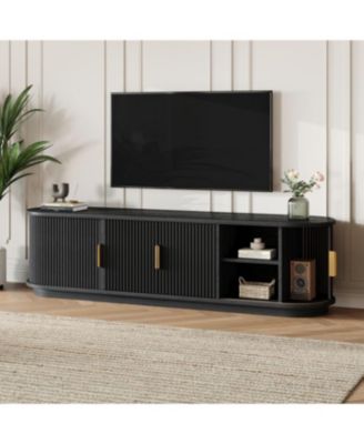 Farmhouse Black Wooden TV Stand with Sliding Tambour Door & Golden Handle