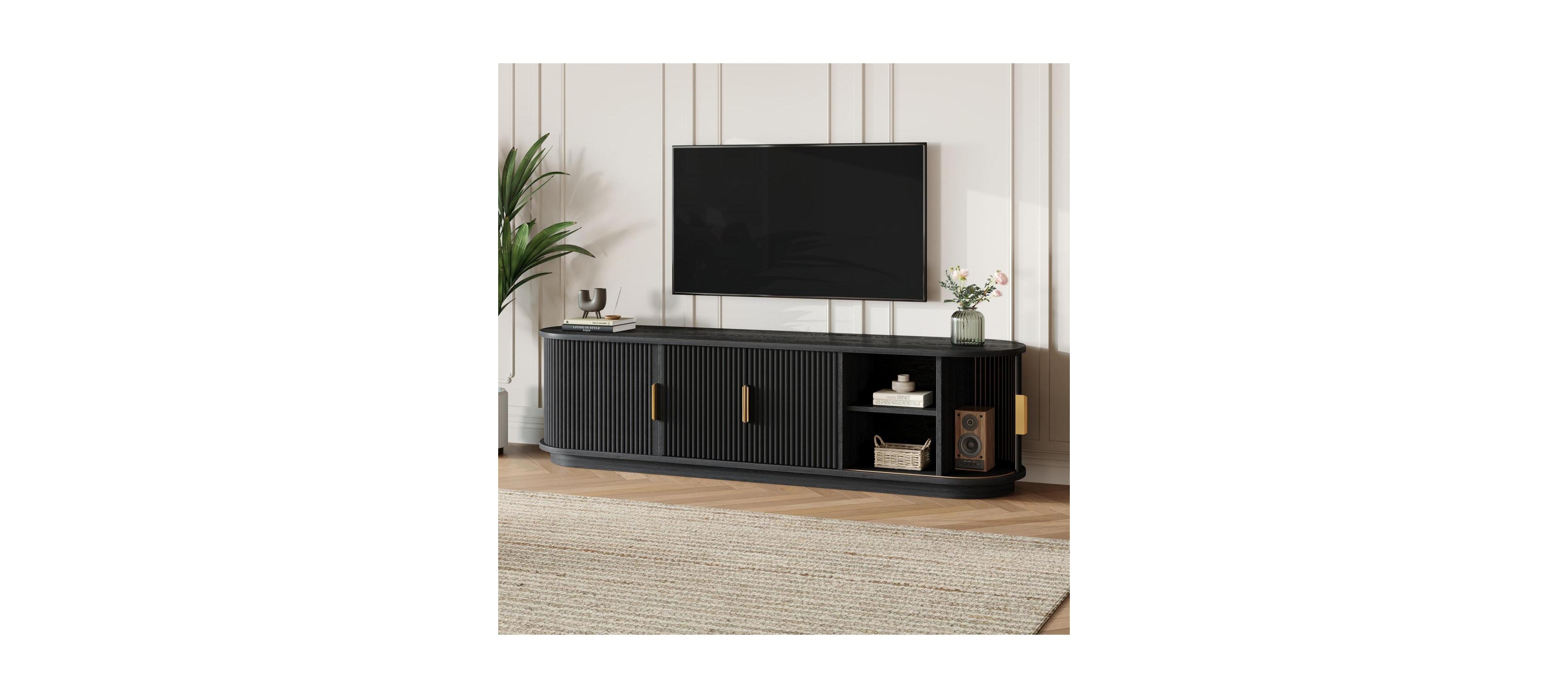 Streamdale Furniture Farmhouse Black Wooden Tv Stand with Sliding Tambour Door & Golden Handle