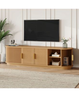 Farmhouse Black Wooden TV Stand with Sliding Tambour Door & Golden Handle