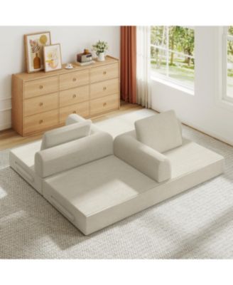 Convertible Sleeper Sofa Bed with Pillow - Corduroy Folding Mattress Couch - Beige