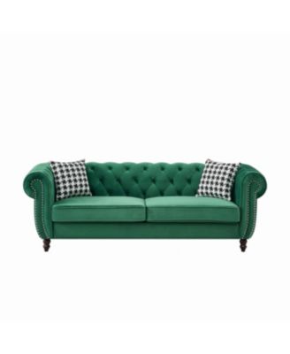 Chesterfield Velvet Sofa with Roll Armrest & Nailhead, Green