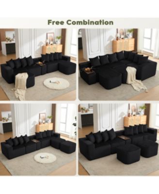 137.5" U-Shaped Sofa, USB/Wireless Charge, Cup Holder Table, Movable, 6 Seats, Black