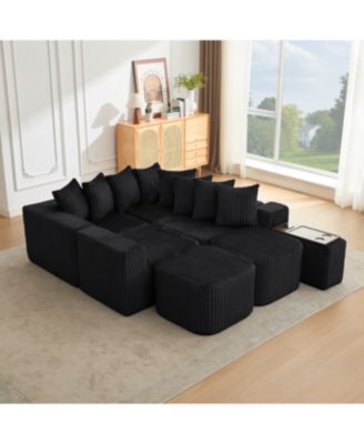 137.5" U-Shaped Sofa, USB/Wireless Charge, Cup Holder Table, Movable, 6 Seats, Black