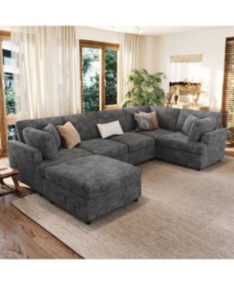 Streamdale U-Shaped Sectional Sofa with Movable Ottoman, 6-Piece Chenille Sofa Set