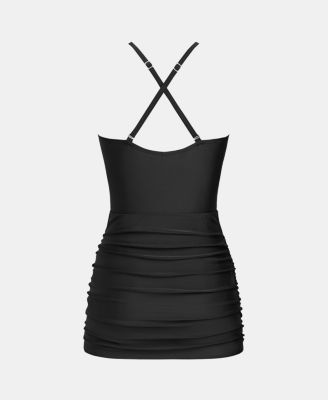 Women's Mock Neck Sporty Crisscross Straps One Piece Swim Dress