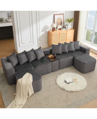 Streamdale  U-Shaped Sofa, USB/Wireless Charge, Cup Holder, Movable, Gray Corduroy