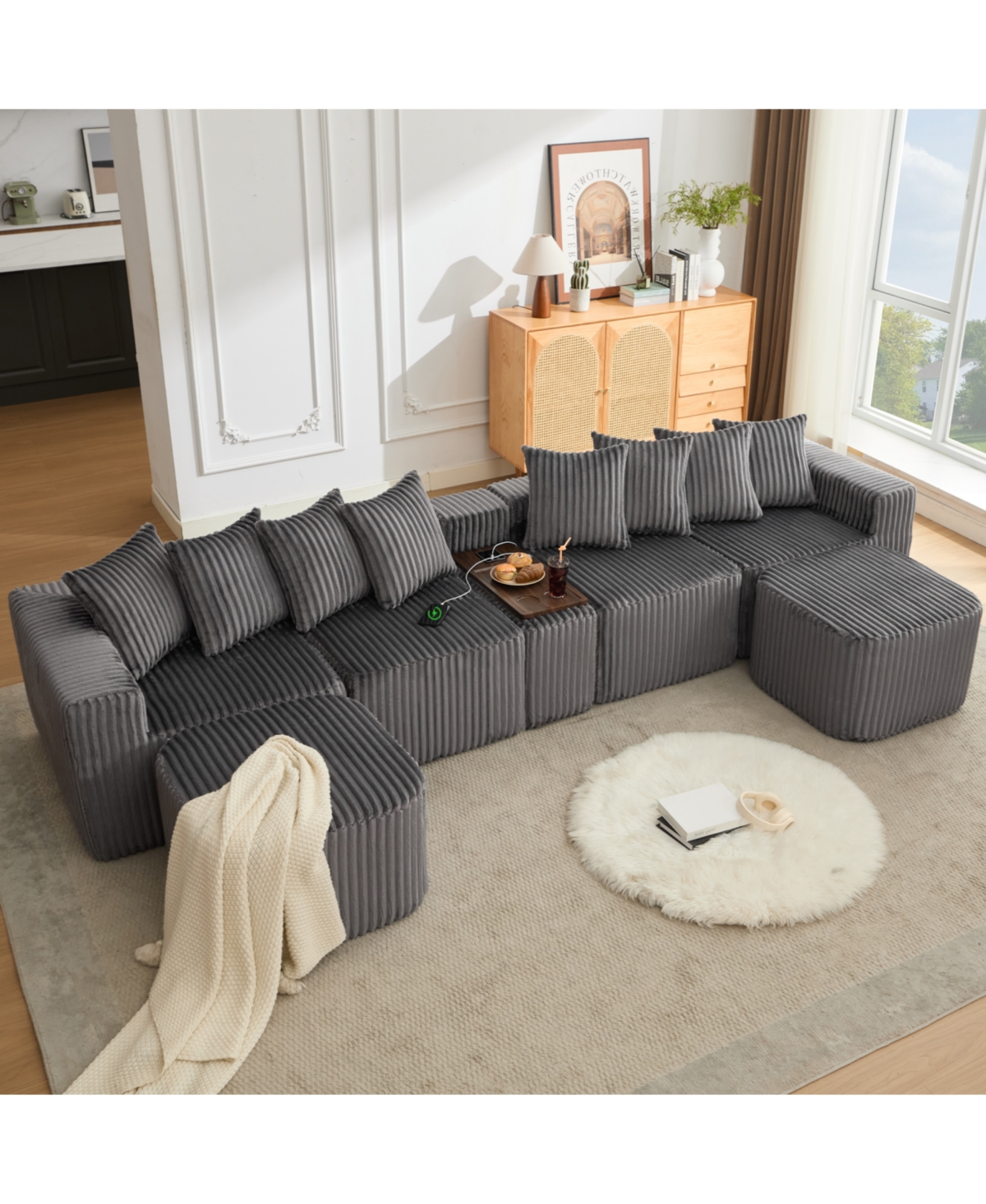 Streamdale Furniture Streamdale U-Shaped Sofa, Usb/Wireless Charge, Cup Holder, Movable, Gray Corduroy