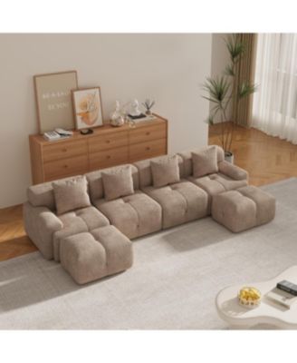 U-Shaped Sleeper Sectional Sofa, 6-Piece Modular Couch with Ottomans & Pillows, Taupe