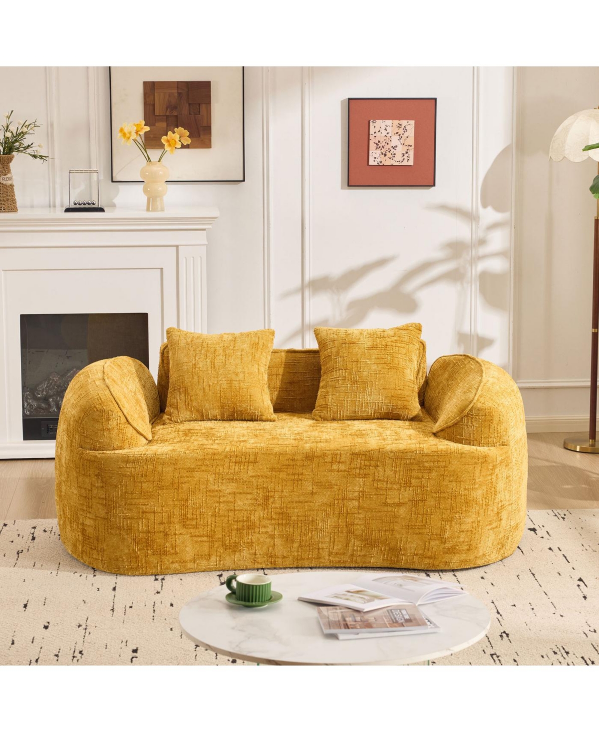 Streamdale Furniture Streamdale Yellow curved two-person sofa with armrests and two pillows
