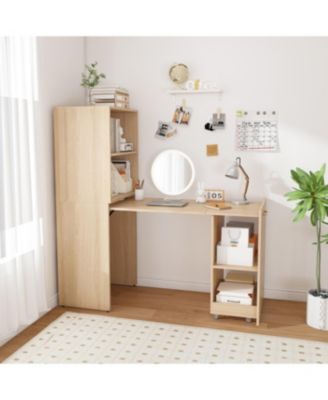 Streamdale Stretchable office desk with storage, wheels, foldable, burlywood