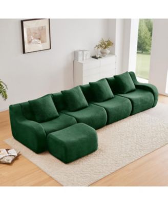L-Shaped 4-Seat Boneless Sofa, Teddy Fabric, No Assembly, Curved Armrest, Green