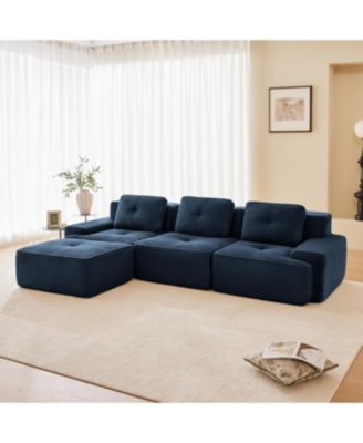 Modern L-Shaped Corduroy Sectional Sofa with Movable Ottoman, Blue