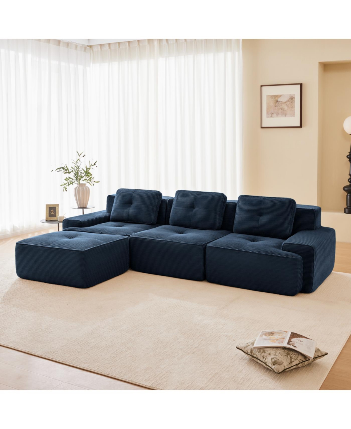 Streamdale Furniture Modern L-Shaped Corduroy Sectional Sofa with Movable Ottoman, Blue