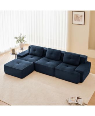Modern L-Shaped Corduroy Sectional Sofa with Movable Ottoman, Blue