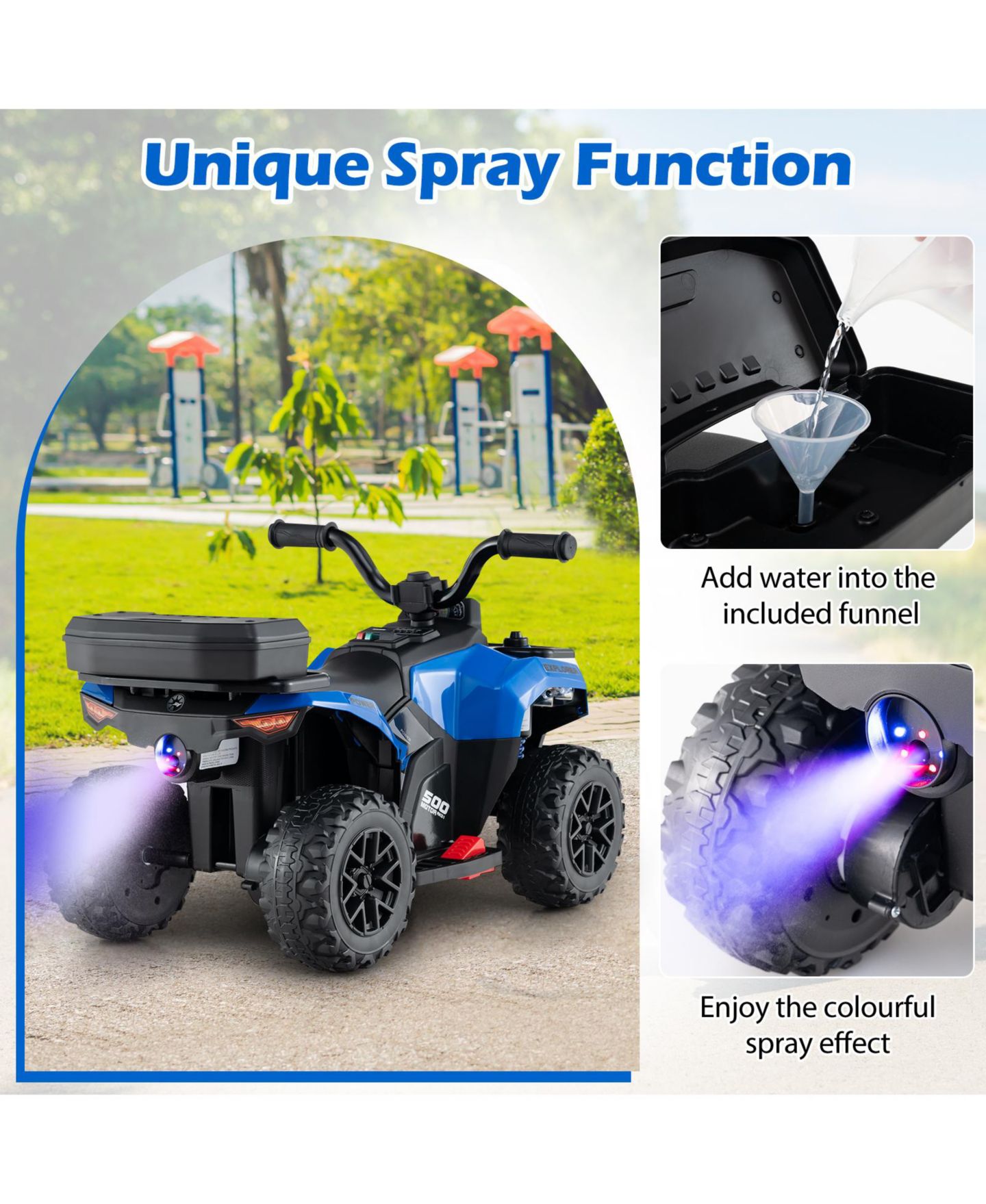 Детская игрушка HONGGE 6V Kids Ride-On ATV with Spray Function and Music, Ages 3+, цвет: Синий — фото 10