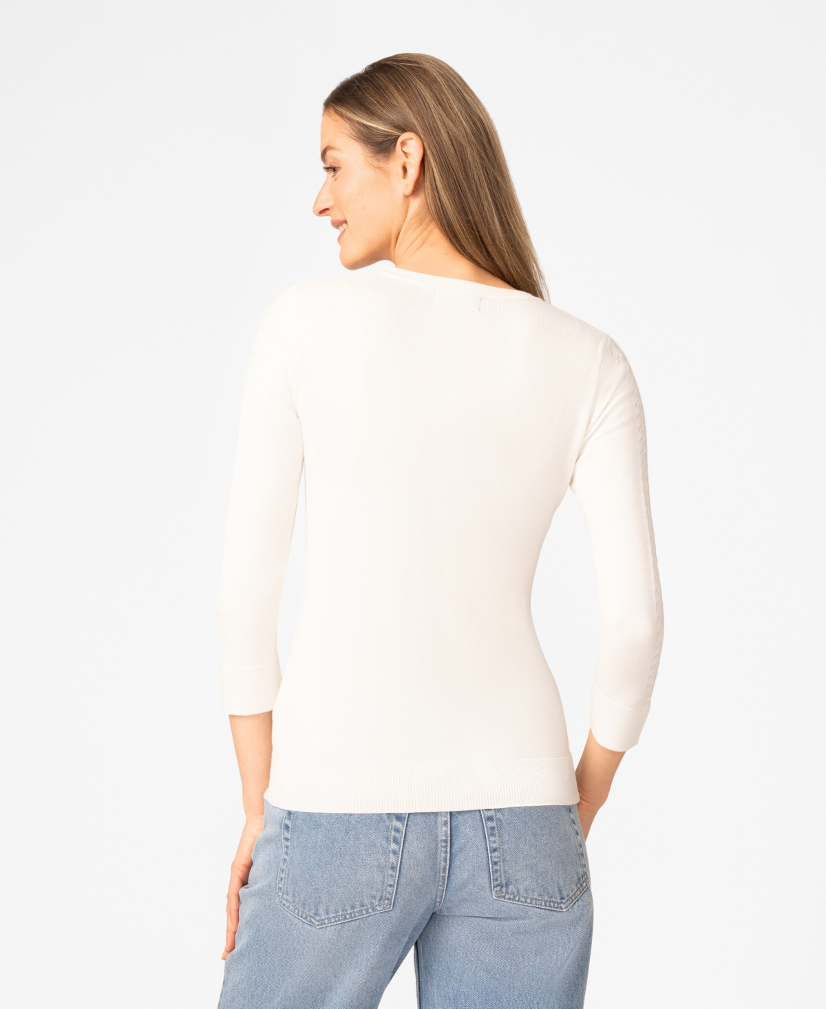 Melissa Paige Petite Pointelle-Sleeve Crewneck Sweater