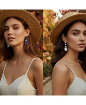 Set of 2 Art Deco Style Green or Red Cubic Zirconia Halo Large Teardrop CZ Statement Dangle Chandelier Earrings