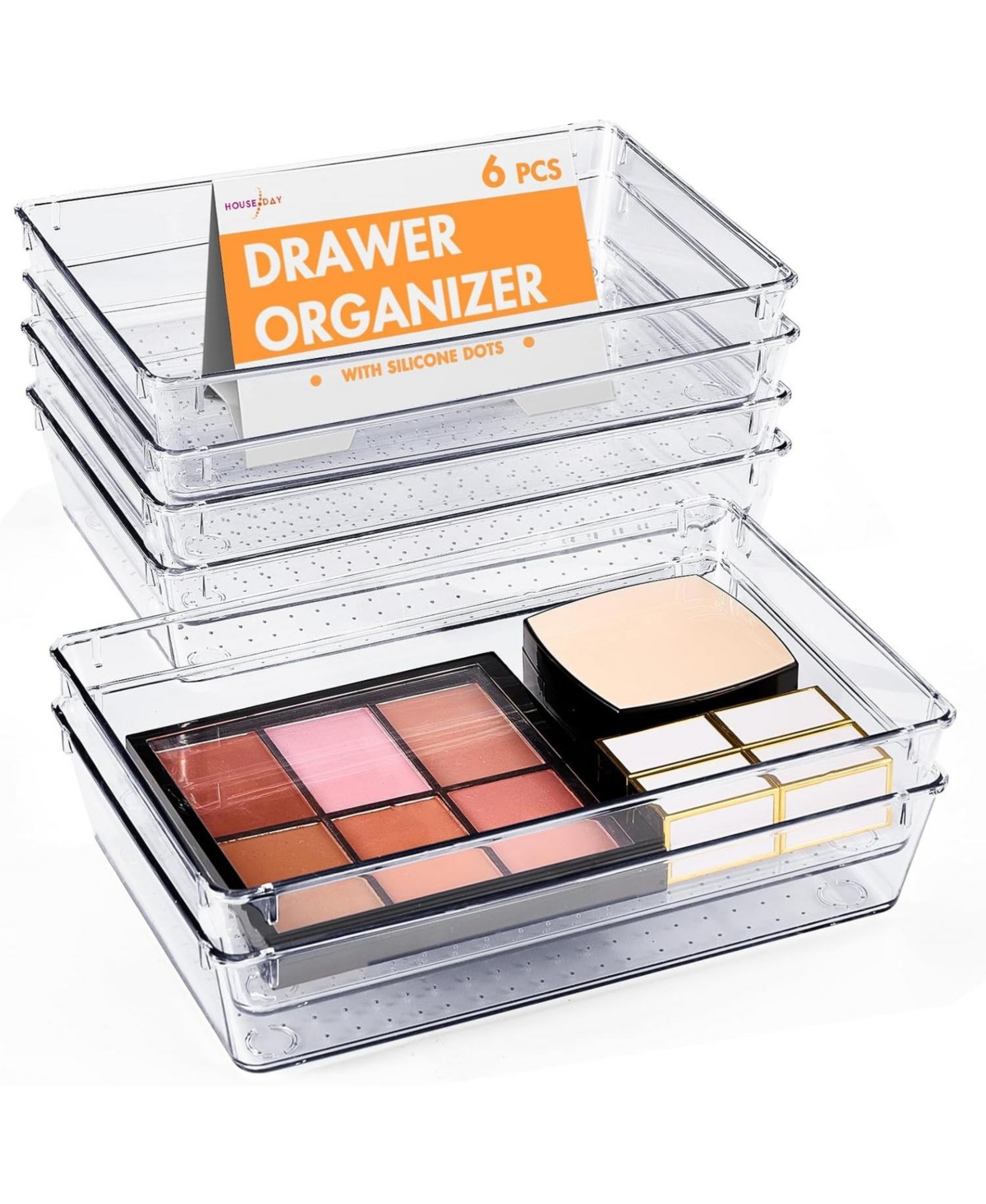 House Day Clear Plastic Drawer Organizers with Non-Slip Silicone Base for Makeup & Bathroom 6 Pack