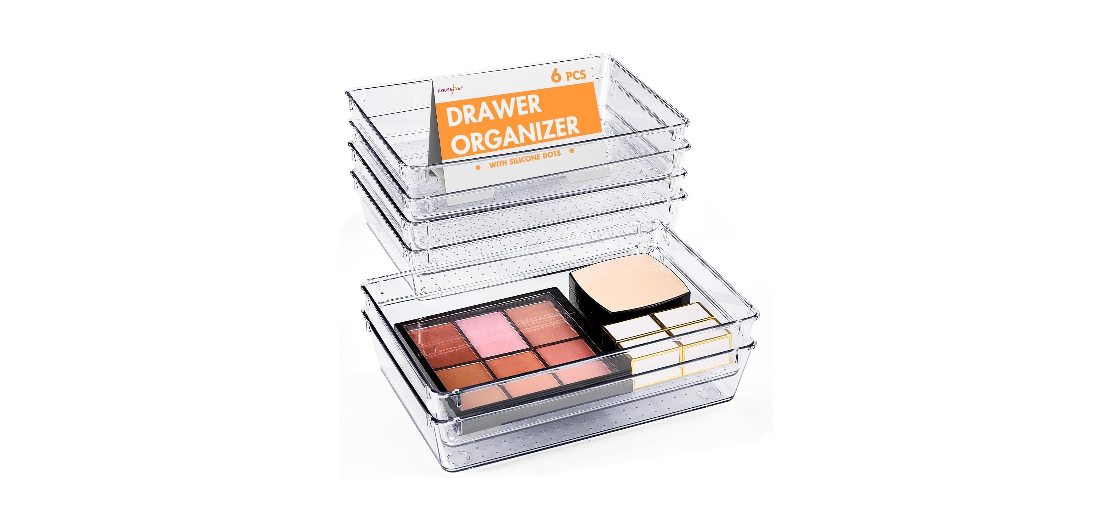 House Day Clear Plastic Drawer Organizers with Non-Slip Silicone Base for Makeup & Bathroom 6 Pack