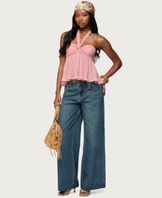 Women's Pleated Chiffon Babydoll Halter Top