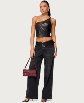 Womens Asymmetric Cutout Faux Leather Top
