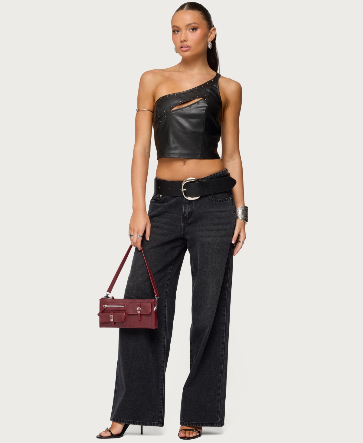 Edikted Womens Asymmetric Cutout Faux Leather Top