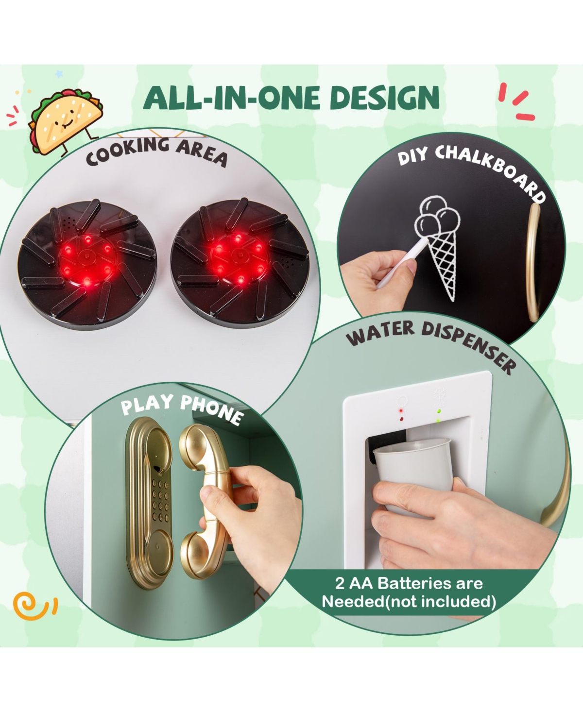 Hongge Pretend Play Kitchen Set with Cooking Utensils for Kids Ages 3+ - Green