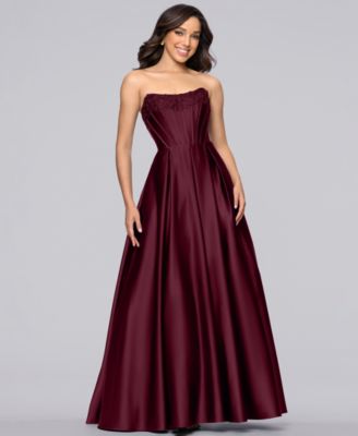 Juniors' Embellished Strapless Corseted Ballgown