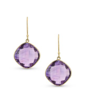 Classic 10K Yellow Gold Natural Purple Amethyst Faceted Briolette Bezel Set Square Dangle Drop Earrings Fish Hook