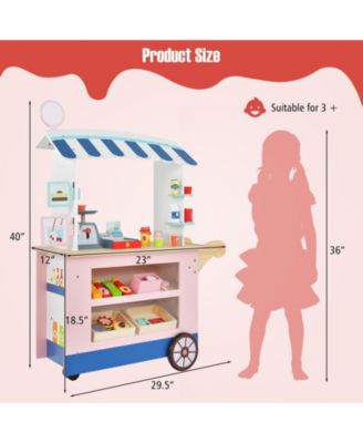 Kids Wooden Play Food Cart with 30 Accessories and Rolling Wheels