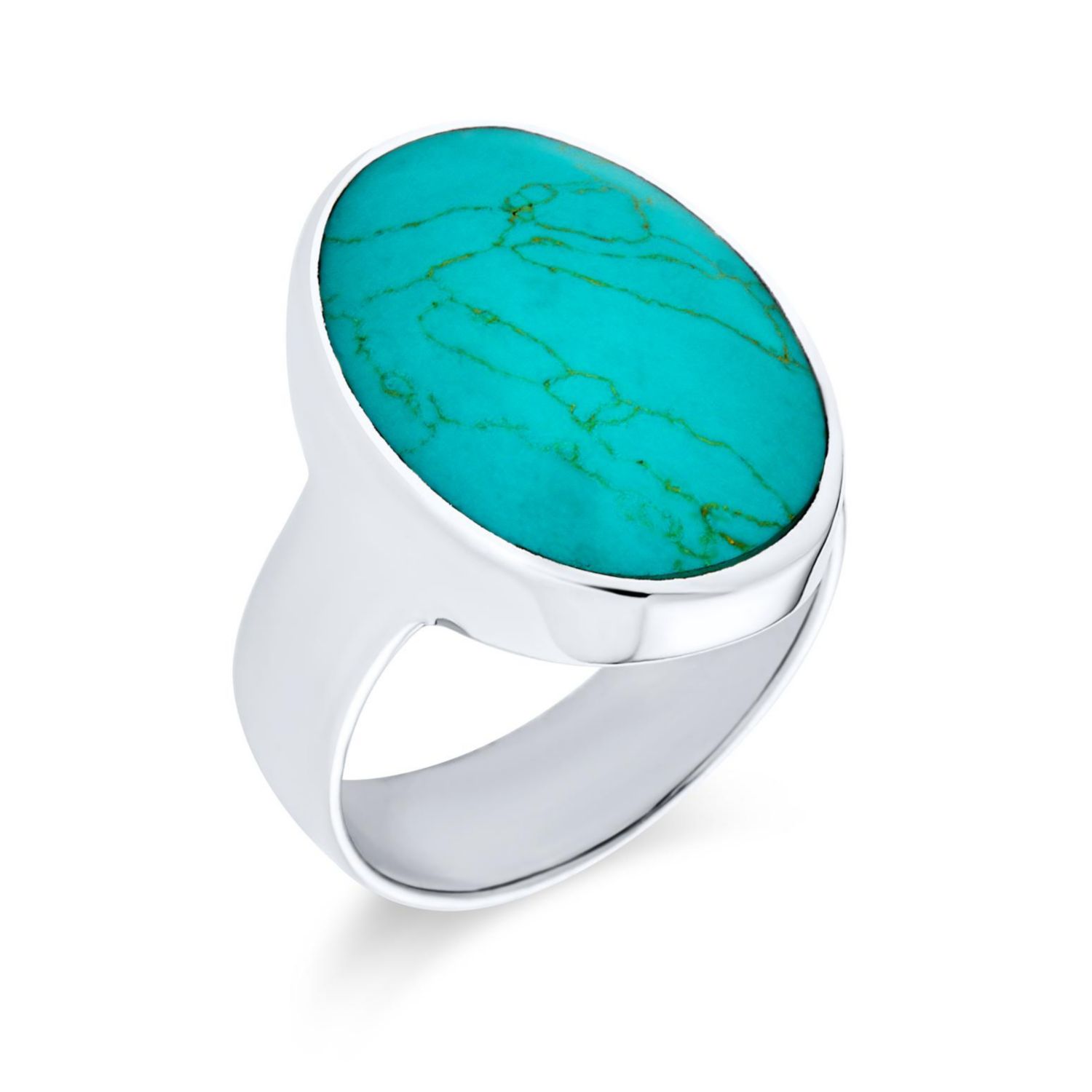 Large Oval Cabochon Stabilized Blue Turquoise Bezel Set Statement Ring Sterling Silver