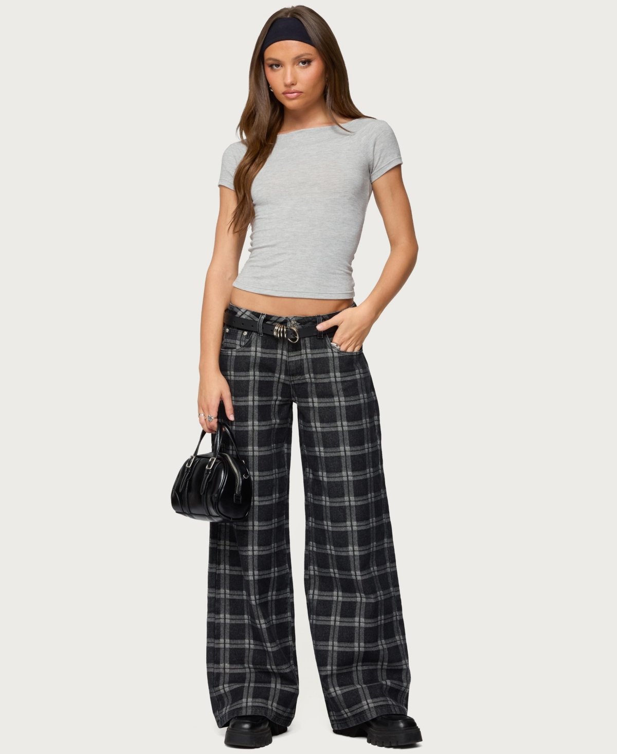 Edikted Women's Kailani Plaid Low Rise Baggy Jeans