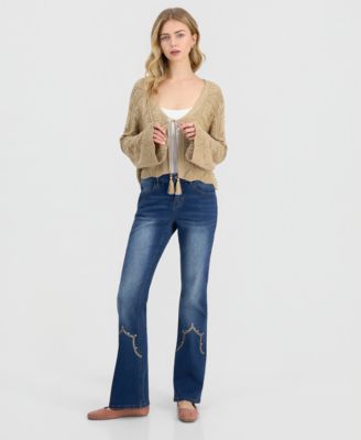 Juniors' Western Embroidery Rhinestone Bootcut Jeans