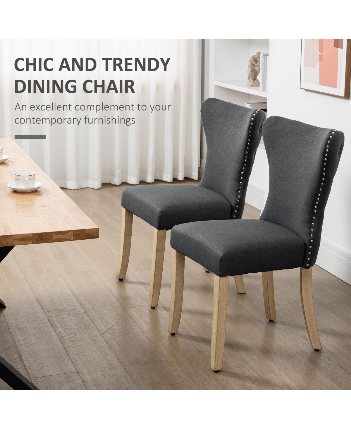 Homcom Armless Dining Chairs Set of 2, Modern Accent Chair with Wing Backrest, Linen Upholstery, Nailhead Trim for Living Room, Charcoal Grey