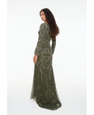 Women's Modest Embellished Sequin Beaded Dress Maxi With Trail