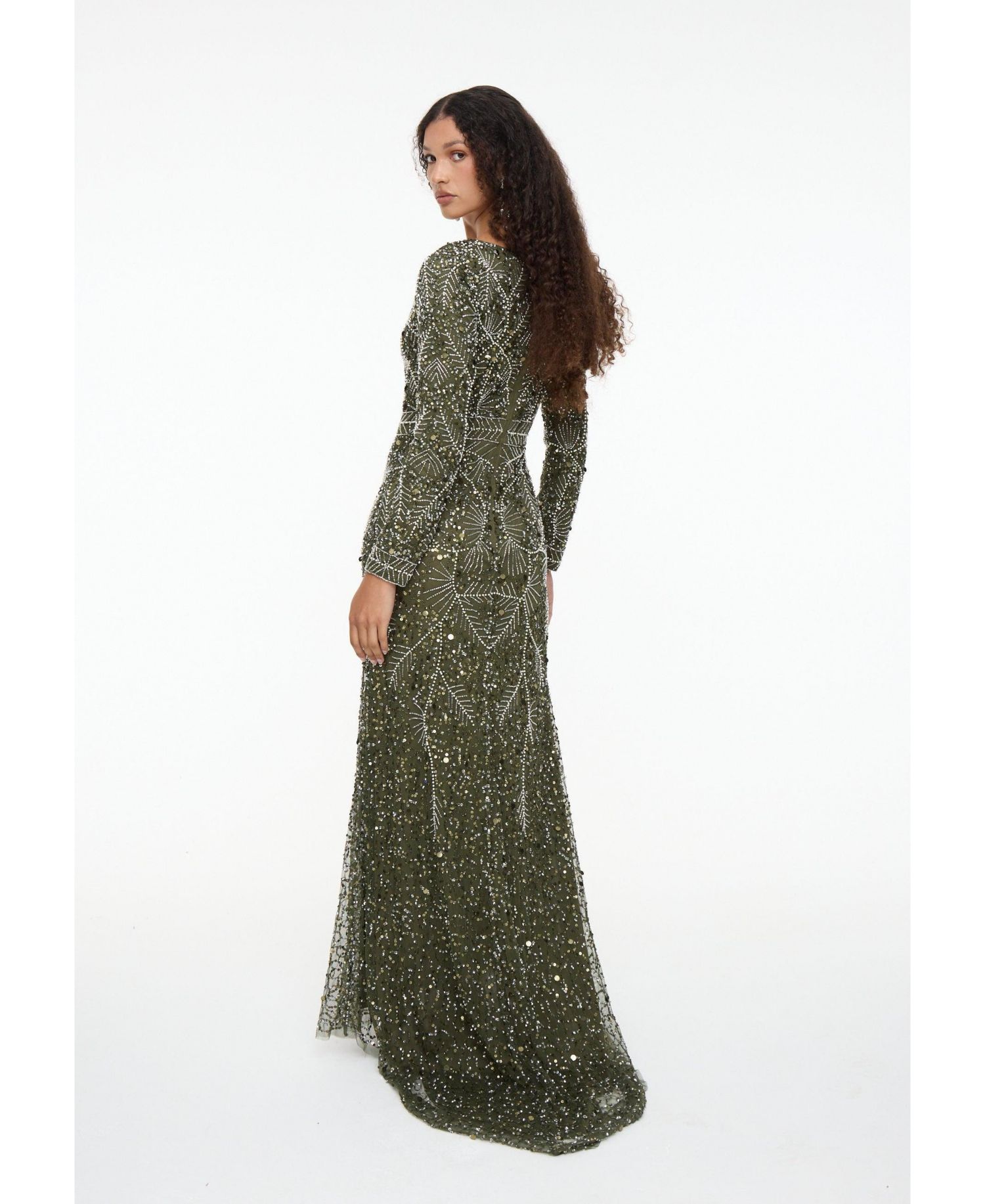 Women's Modest Embellished Sequin Beaded Dress Maxi With Trail