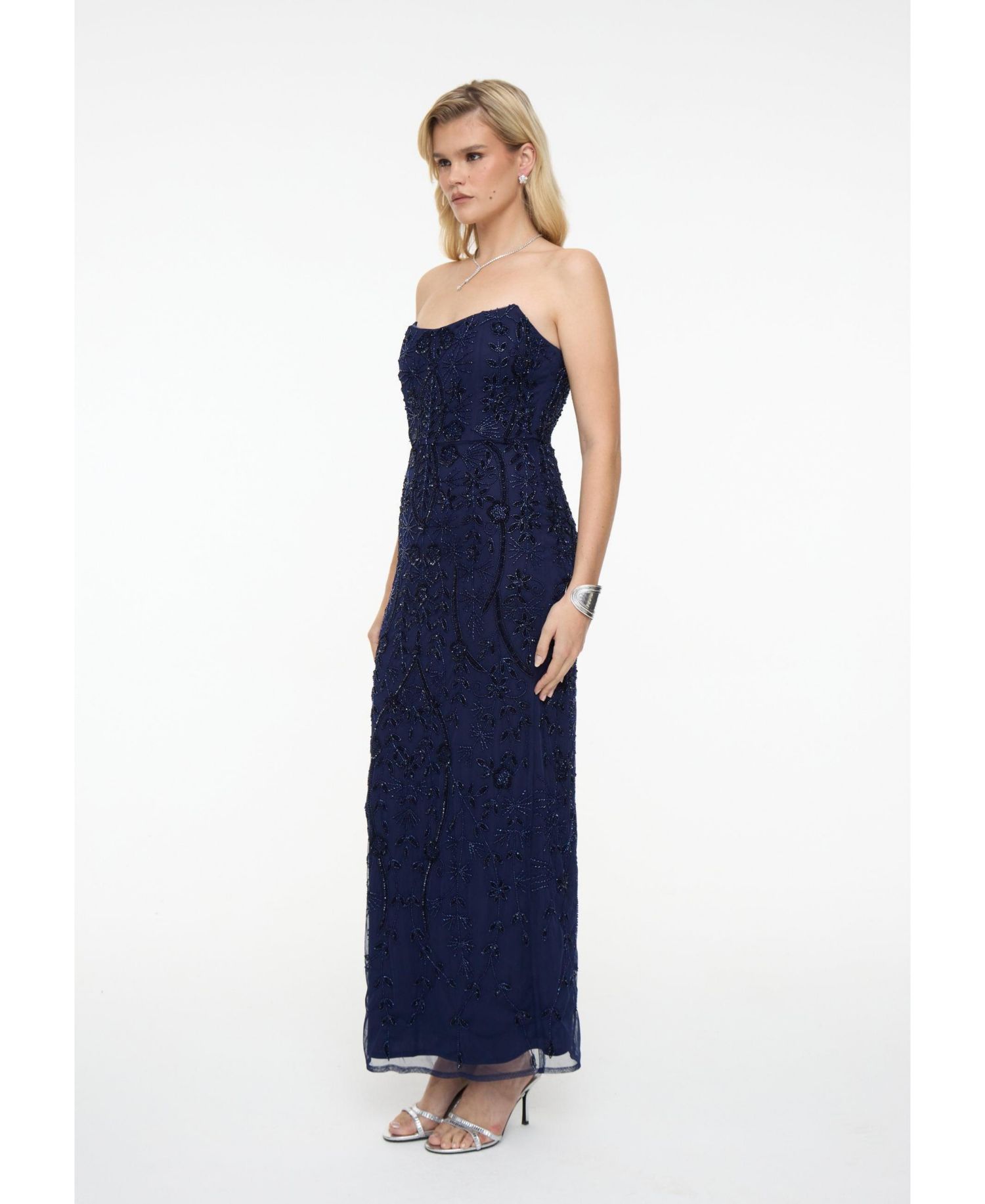 Women's Embellished Sequin Beaded Maxi Strapless Dress
